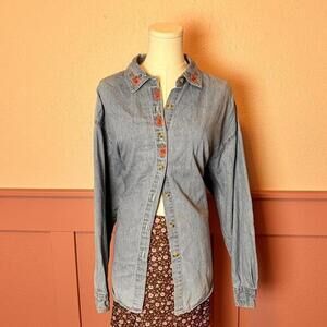 cottage vintage boho embroidered floral denim button up sz large cotton blue